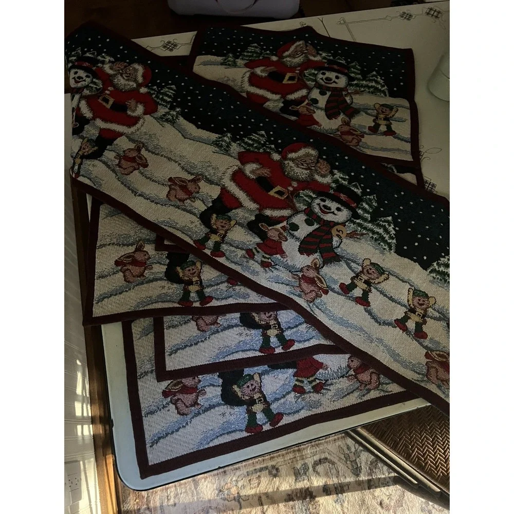 Christmas Table Runner & 6 Place Mat Set Tapestry Winter Scene Santa Snowman